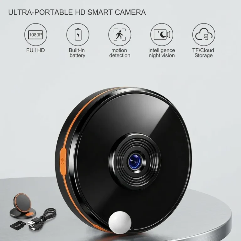 V380 portable 1080p HD smart security camera with built-in battery, motion detection, night vision and TF card cloud storage.