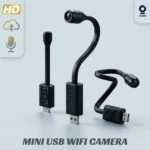 Mini USB WiFi camera with flexible gooseneck design and V380 app compatibility showing multiple angles.