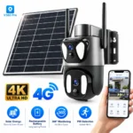 V380 Pro 4K Ultra HD 4G solar security camera with dual lenses, solar panel, rechargeable battery, and 360-degree monitoring.