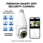 V380 Smart WiFi Bulb Security Camera with 2.4GHz and 5GHz dual-band WiFi, night vision, motion detection, and two-way audio.