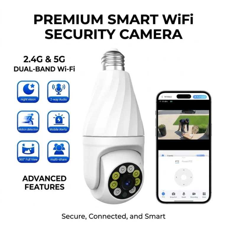 V380 Smart WiFi Bulb Security Camera with 2.4GHz and 5GHz dual-band WiFi, night vision, motion detection, and two-way audio.
